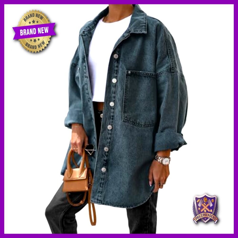 Oversized Denim Jacket Button Down Long Sleeve Boyfriend Fit Casual Chic - Picture 4 of 5